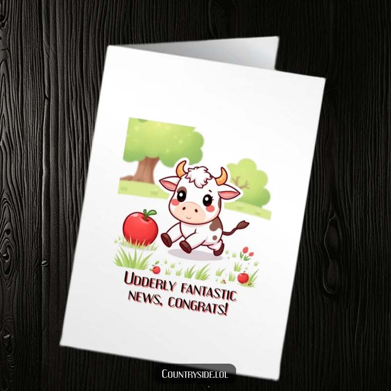 Funny Free Printable Congratulations Card: Kawaii cow comically chasing a runaway apple in a meadow.