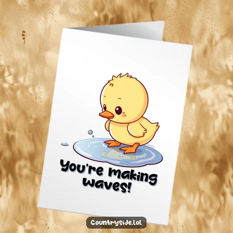 Funny Free Printable Congrats Card: Cute Kawaii duckling gleefully splashing in a tiny puddle, celebrating good news.