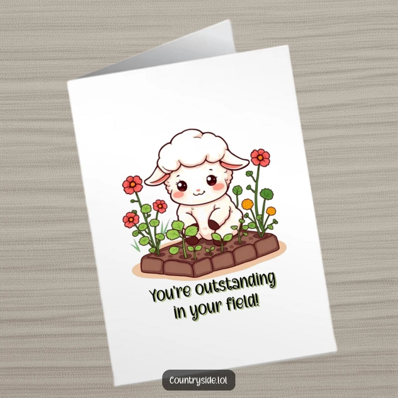 Funny Free Printable Kawaii sheep tending a garden, celebrating congratulations with organic humor and good wishes, a downloadable choice.