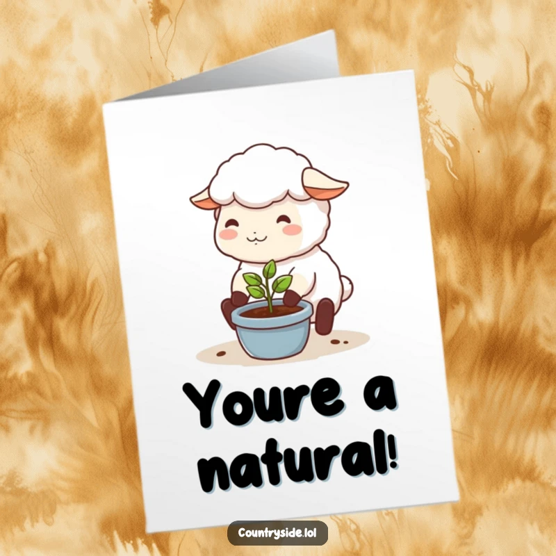 Funny Free Printable Congratulations Card: A happy Kawaii sheep gently nurtures a seedling, celebrating new growth and success.