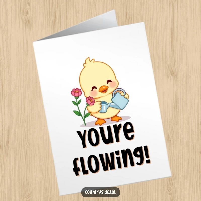 Funny Free Printable Congratulations Card: A contented Kawaii duck waters a flower, celebrating flourishing success.