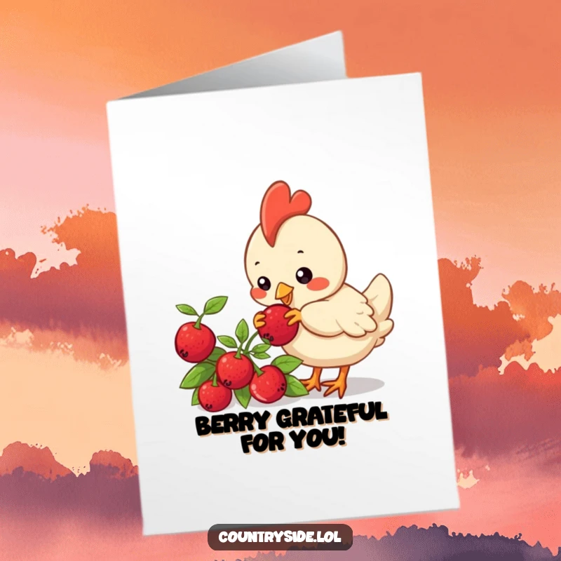 Funny Free Printable Thank You Card: Cute Kawaii chicken pecking a berry, showing thanks.