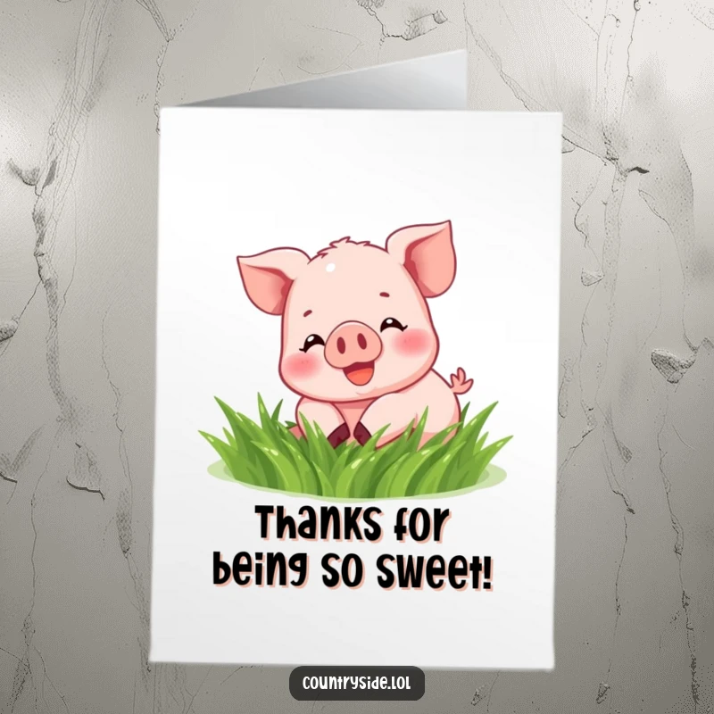 Funny Free Printable Thank You Card: Adorable Kawaii piglet joyfully rolling in soft green grass, conveying thanks.