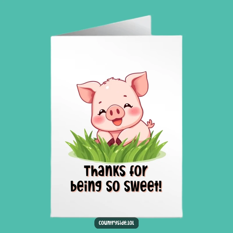 Free Printable Thank You Card: Thankful Kawaii Piglet Rolling in Grass, Downloadable
