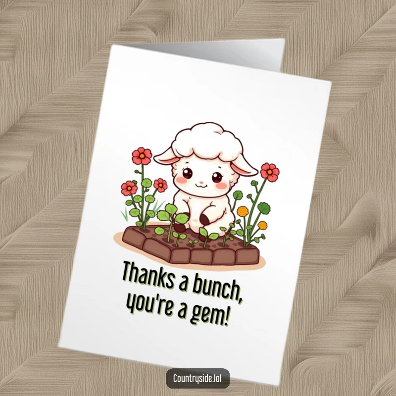Funny Free Printable Kawaii sheep character happily tending a garden, offering thanks with a gentle and humorous spirit, downloadable.