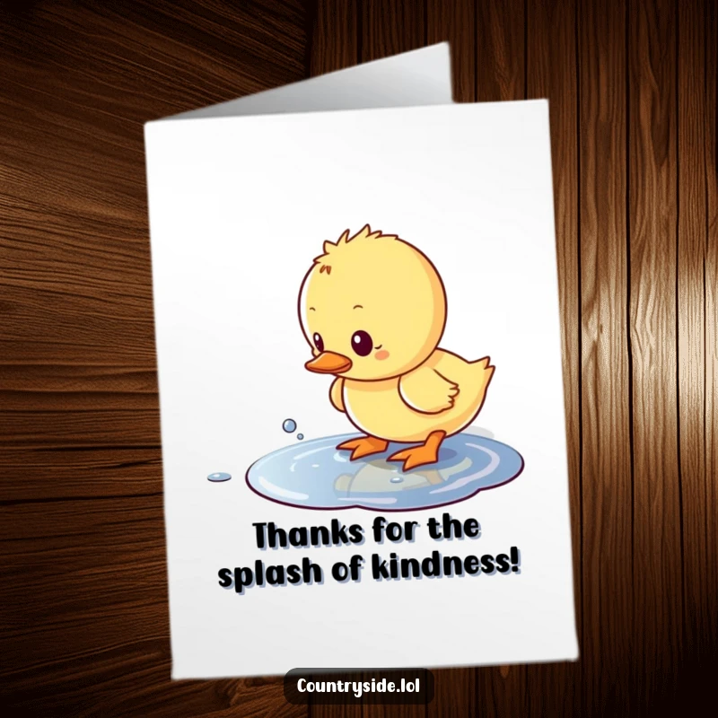 Funny Free Printable Thank You Card: Adorable Kawaii duckling making a happy splash in a puddle, saying thank you.