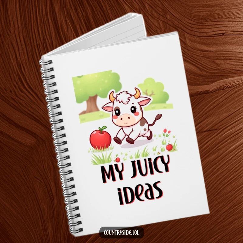 Funny Kawaii cow character chasing an apple, featured on a notebook cover for humorous note-taking and journaling.