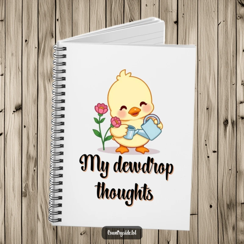 Funny notebook with a contented Kawaii duck character watering a flower, perfect for garden journals or daily thoughts.