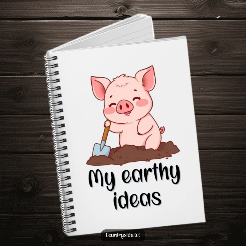 Funny notebook with a busy Kawaii pig character digging in soil, perfect for garden logs or daily to-do lists.