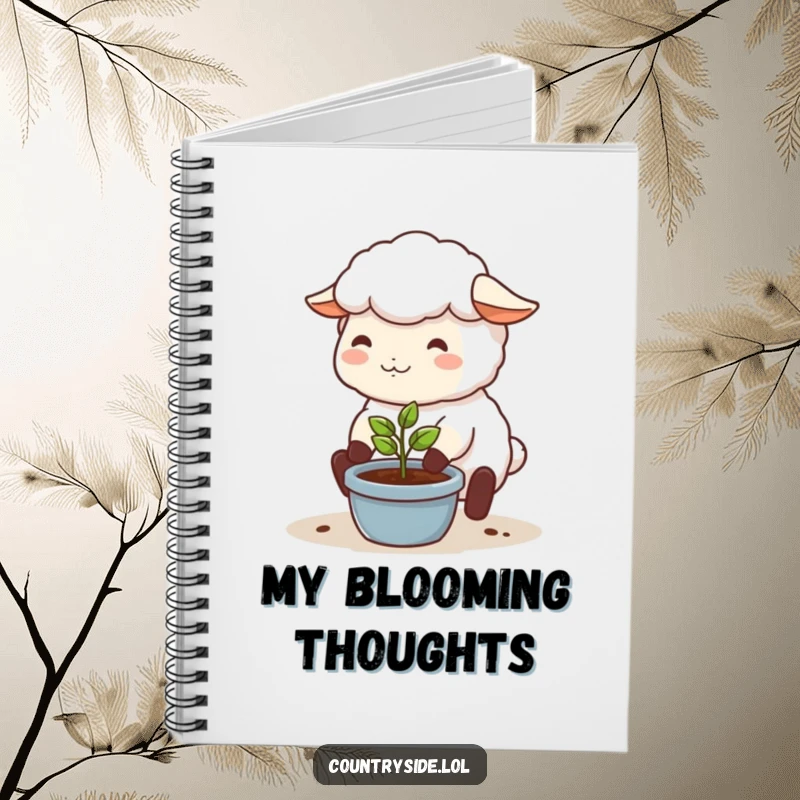 Funny notebook with a happy Kawaii sheep character tending a small plant, perfect for garden journals or notes.