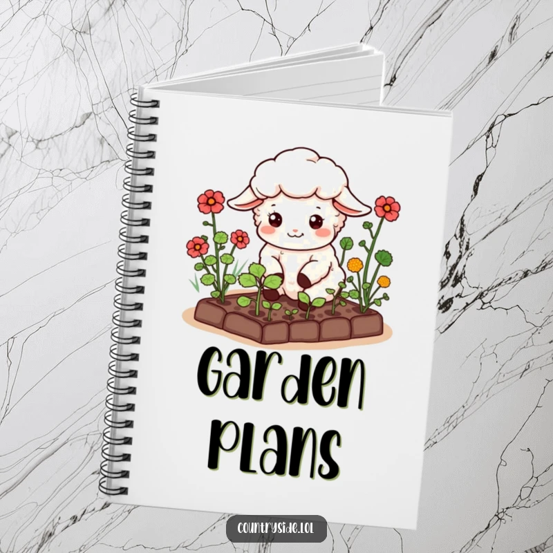Funny Kawaii Sheep Notebook: A happy sheep character tending a miniature vegetable garden, perfect for writing notes and garden plans.