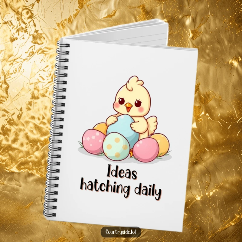 Funny Kawaii chicken character, pen in hand, humorously taking notes next to giant colorful eggs.