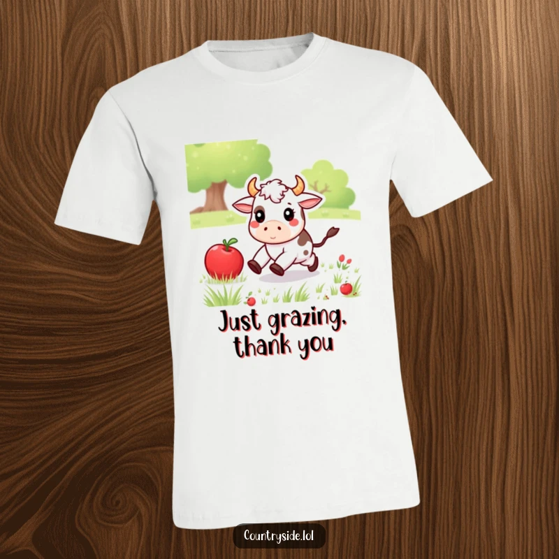 Funny Kawaii cow character energetically pursuing a rolling apple in a green meadow, capturing a moment of pure, humorous joy.