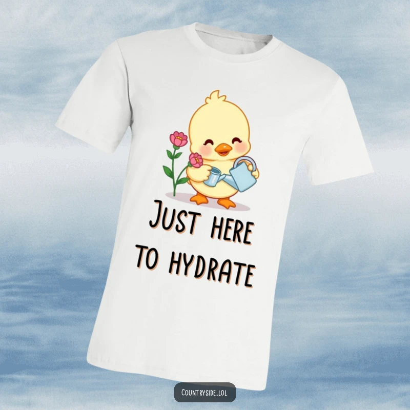 Funny t-shirt featuring a happy Kawaii duck character watering a single blooming flower with a tiny watering can, ideal for gardeners.