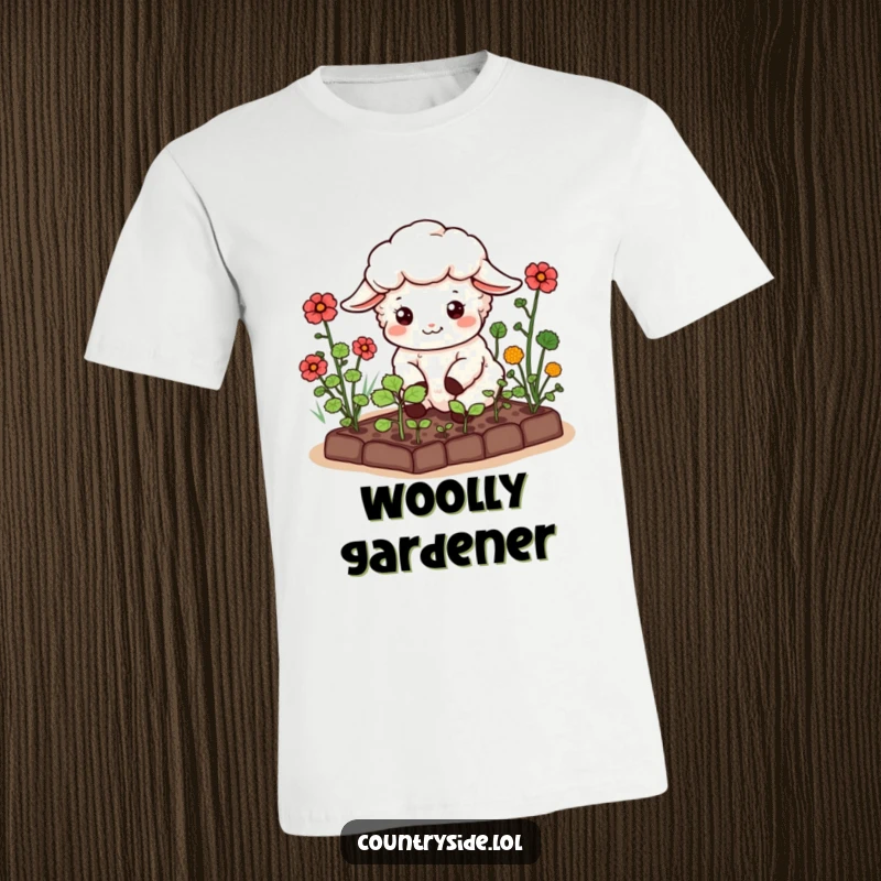 Funny Kawaii Sheep T-Shirt: A happy sheep character tending a miniature vegetable garden, perfect for expressing a love for nature and gentle humor.