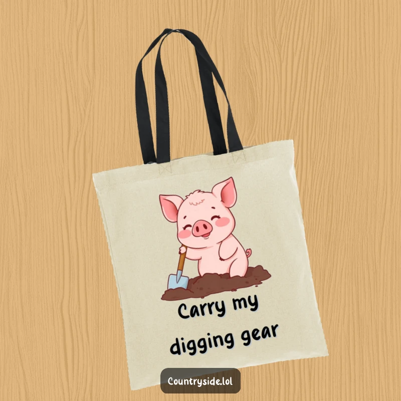 Funny tote bag featuring a busy Kawaii pig character digging in soil with a small spade, ideal for garden supplies.