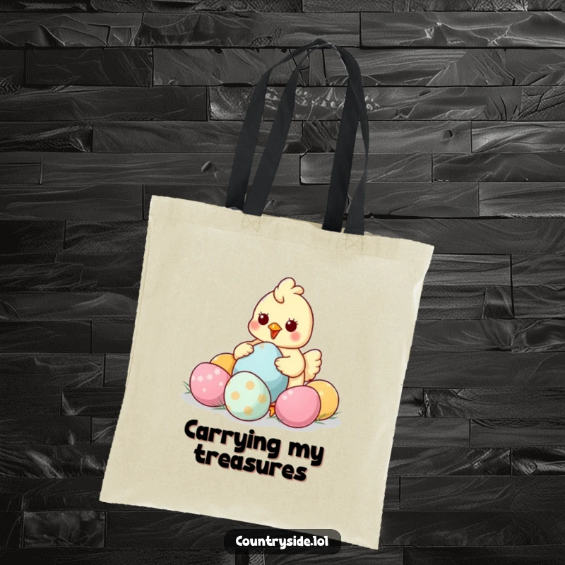 Funny Kawaii chicken character, stylishly carrying a large, colorful bag filled with oversized eggs.